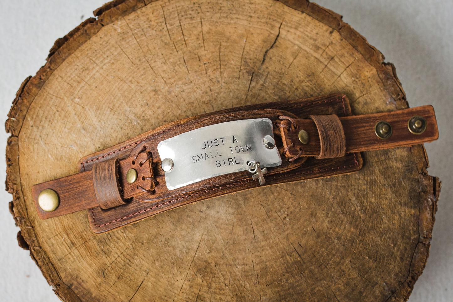 Just A Small Town Girl Hand Stamped Leather Cuff